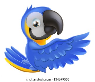 A blue and yellow macaw parrot leaning round a sign or banner and pointing his wing at what is written on it