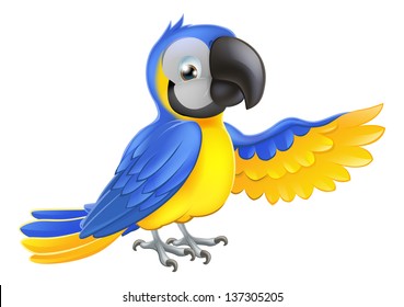 A blue and yellow macaw parrot pointing or showing something with his wing