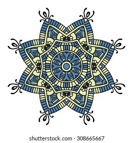 Blue and yellow mandala, white background