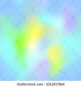 Blue yellow mermaid scale vector background. Candy color iridescent background. Fish scale pattern. Seamless pattern swatch. Holographic gradient. Mermaid skin seamless pattern. Blurry color texture