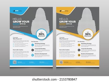 Blue, Yellow Modern Corporate Business Flyer Template Layout, Creative Unique Professional Leaflet, Mailer for Promotion Your Business, Office, Company, Marketing, Advertisement, Multipurpose Use