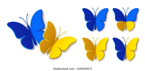 Blue Yellow Monarch Butterfly Silhouette With Shadow. Modern Vector 3d Graphic Illustration. Patriotic Concept Is Perfect For Ukraine Patriot Sticker, Icon, Social Media And Decoration Design