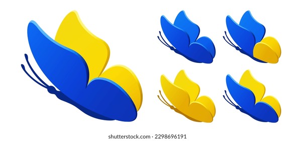 Blue yellow monarch butterfly silhouette side view on white background. Modern vector graphic illustration. Patriotic concept is perfect for Ukraine patriot sticker, icon and decoration design