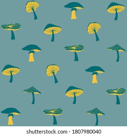 Blue and yellow mushroom pattern on a bue background