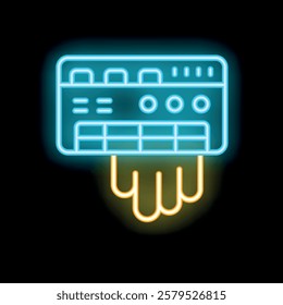 Blue and yellow neon icon of an air conditioner blowing cold air on a black background