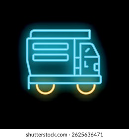 Blue and yellow neon icon of a garbage truck, symbolizing waste management and urban cleaning services