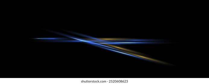 Feixe laser de neon amarelo azul, linha de velocidade de cruzamento isolada. Techno elementos de designer brilhantes, raios vetor eps parafuso. Raios brilhantes sobre fundo preto. Banner de abstração de sobreposição
