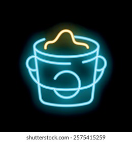 Blue and yellow neon sign of a bucket overflowing with paint on a black background