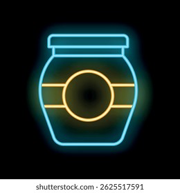 Blue and yellow neon sign of closed jar with blank label on black background