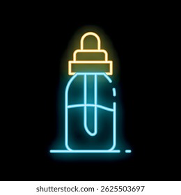 Blue and yellow neon sign of dropper bottle with liquid shining on black background