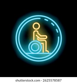 Blue and yellow neon sign representing a person using a wheelchair, suggesting accessibility for all