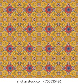 Blue, yellow and neutral colors vector seamless pattern with many flowers.