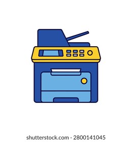 Blue and yellow office printer icon with scanning lid up against white background for business concept