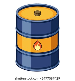 A blue and yellow oil barrel with a fire flame painted on it