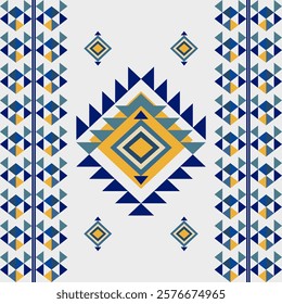 Blue and yellow on white background, Aztec-style seamless pattern. Tribal vector texture. Aztec background. Design for elaborate borders, wallpaper, rugs, curtains, and textiles.