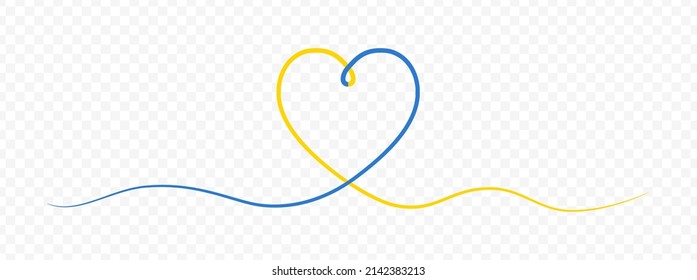 Blue yellow one line drawing heart in Ukraine flag colors. Continuous one line drawing of heart ribbon isolated on transparent background. Banner for support of Ukraine. Vector.