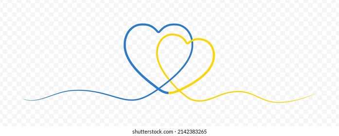 Blau gelbe eine Linie ziehen zwei Herzen in der Ukraine Fahnen Farben. Kontinuierliche Einzeilenzeichnung von Herzbändern einzeln auf transparentem Hintergrund. Banner für die Unterstützung der Ukraine. Vektorgrafik.