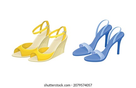 Blue and Yellow Open Toe Womens Shoes with Heels Vector Set