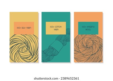 Banderas azules, amarillas, naranjas y acogedoras, decoradas con bolas de hilo de lana al estilo doodle. Hilados de ilustraciones vectoriales para la plantilla de tejido y crocheting