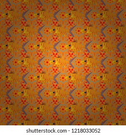 Blue, yellow and orange fish vector seamless pattern.