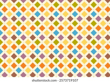 Blue, yellow, orange, purple and green rhombus pattern background on light yellow background