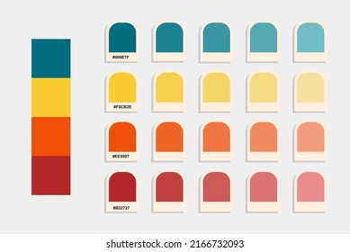 Blue yellow orange red color palette, warm colors catalog, design and edit idea, colour matching, rgb pantone colors, harmonious colours palette sample