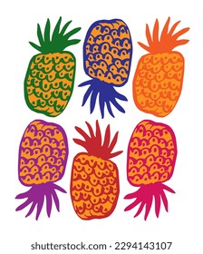 Blue, yellow, orange, red pineapples vector poster in Warhol style Great for fabric, packaging, interior posters, invitations.