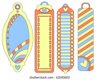 Blue, yellow and orange vector tag or label collection over white background