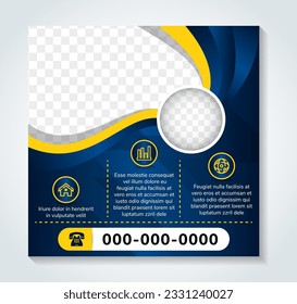 blue yellow organic fluid background of abstract social media banner design template premium vector. space for photo collage. square layout with infographic icon.