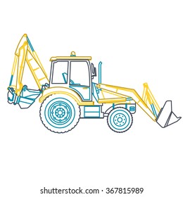 Blue yellow outline big digger builds roads on white. Digging of ground. Professional flatten isolated illustration master vector. Truck Digger Crane Fork lift Small Bagger, Mix, Roller, Excavator