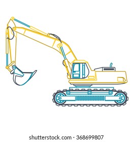 Blue yellow outline big digger builds roads on white. Digging of ground. Professional flatten isolated illustration master vector. Truck Digger Crane Fork lift Small Bagger, Mix, Roller, Excavator