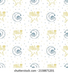 Blue and yellow outline seamless pattern with stars moon and celestial. Galaxy and cute houses vector illustration.