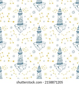 Blue and yellow outline seamless pattern with lighthouse and celestial. Galaxy stars and house vector illustration.