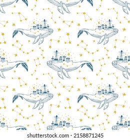 Blue and yellow outline seamless pattern with whale, cute houses. lighthouse in its back. Galaxy stars and sea animal vector illustration.