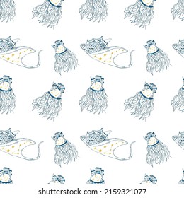 El esquema azul y amarillo se caracteriza por un patrón ininterrumpido de incandescencia y medusas, casas lindas. Estrellas galaxiales e ilustración de vectores de animales marinos.
