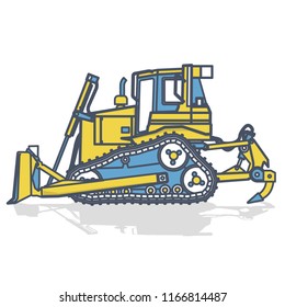 Blue yellow outlined big excavator, digger on white. Digging of ground. Construction machinery and ground works. Professional flatten isolated illustration master vector