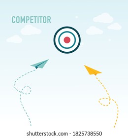 blue and yellow paper airplanes flying and completing in a blue sky, competitor concept