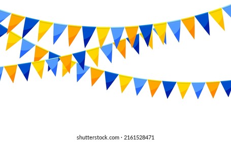 Banderas de partidos de bandos de papel amarillo azul aisladas en fondo blanco. Marisma de carnaval con banderas. Decorativos coloridos cánticos de fiesta para la celebración del cumpleaños, decoración del festival. Banderas de amarre coloridas