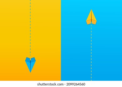 Blue and yellow paper planes flying in different directions on color background. Disagree, dissenting opinion, divergent views concepts, have or express different opinion. Vector illustration.