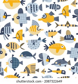 Blue Yellow Papercut Fish vector seamless pattern. Under the sea life background. Scandinavian decorative childish surface design for nautical nursery and navy kids fabric.