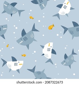 Blue Yellow Papercut Shark and Fish Water bubbles vector seamless pattern. Under the sea life background. Scandinavian decorative childish surface design for nautical nursery and navy kids fabric.