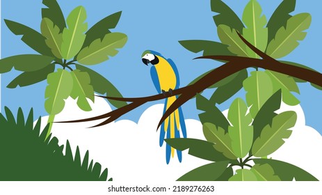 blue and yellow parrot sitting on a palm tree