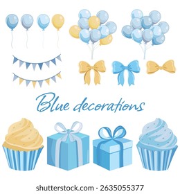 Decorações de festa azul e amarelo com balões, arcos e presentes, perfeito para comemoração do chá de bebê e acolher um menino