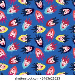 A blue and yellow pattern of cartoon faces with red eyes and mouths. The faces are all different sizes and colors, and they are arranged in a way that creates a sense of movement and energy
