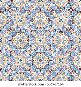 Blue yellow pattern. Seamless floral background. Luxury flourish ornament vector. Colorful weave stylized intricate curvy decoration. Flower furniture fabric print, wallpaper. Interior design element.