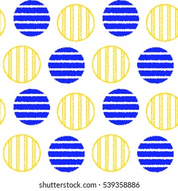 Blue yellow pattern of striped circles. Vector seamless