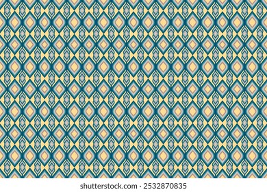 A blue and yellow patterned background with a white. The pattern is made up of squares and triangles
