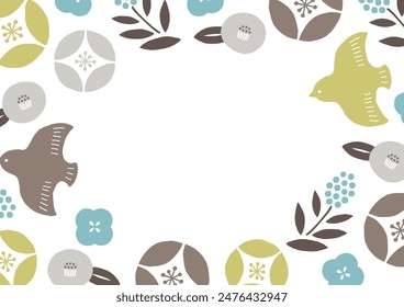 blue and yellow patterned frame with camellia, flowers and birds