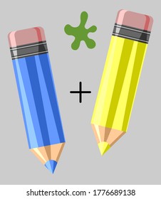 Blue and Yellow pencil with rubber eraser of mixing color. Vector illustration for school, creativity, idea, education and design symbol.