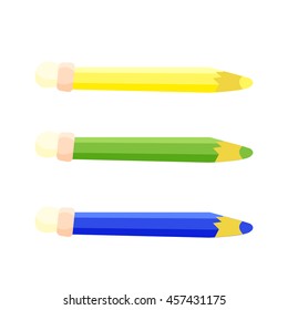 Blue and yellow pencils in flat style. Tools for school, drawing, education, graphic design. Vector illustration isolated on white. Art icon.